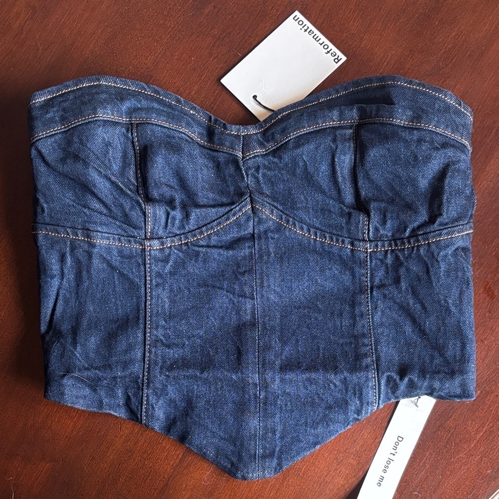 Brand New Reformation Kamila Denim Top Blue Jean Strapless Bustier Zippered Tube